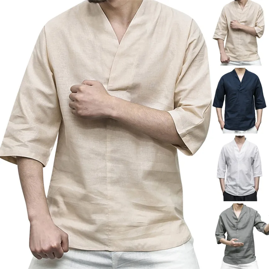 Рубашка мужская с V образным вырезом модная Повседневная блуза из льна в стиле