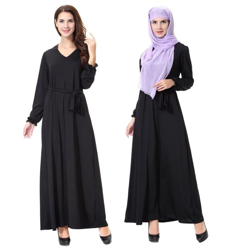 

Muslim abaya V neck arabic kaftan muslim dress long sleeve kaftan dubai ladies robes black hijab dress with waistband, TH907
