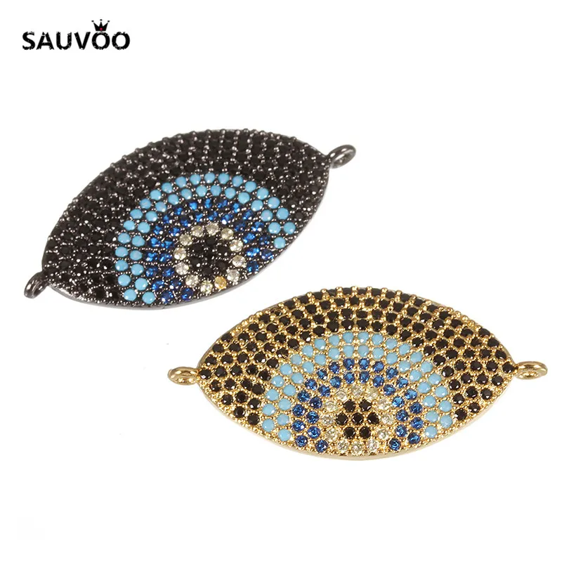 SAUVOO 2pcs/lot Copper Black Gold Color Zircon Crystal Rhinestone Fatima Eye Bracelet Charms Connector 17*33mm DIY Jewelry | Украшения и
