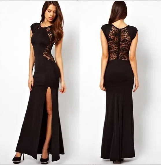 New year 2015 sexy Black Floor length gown evening dresses Hollow Out Lace Embroidered Mesh Wrap Maxi Dress vestido noite | Свадьбы и