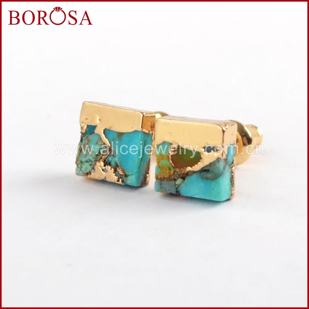 

BOROSA Gold Square Natural Turquoises Stud Earrings Retro100% Blue Howlite Stone Earrings for Women Jewelry Gifts G1648