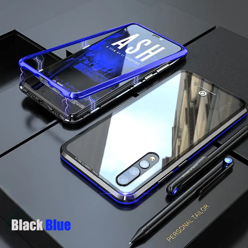 Роскошный магнитный металлический Прозрачный чехол для huawei P30 Pro P20 Lite, встроенный Магнит, стеклянный чехол, чехол для huawei P30 Pro, чехол s P20Pro - Цвет: Black Blue