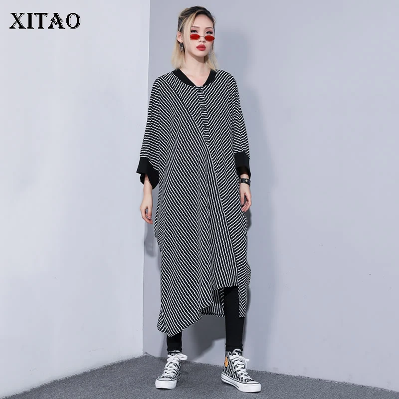 Женское асимметричное платье XITAO корейское свободное до середины икры в полоску