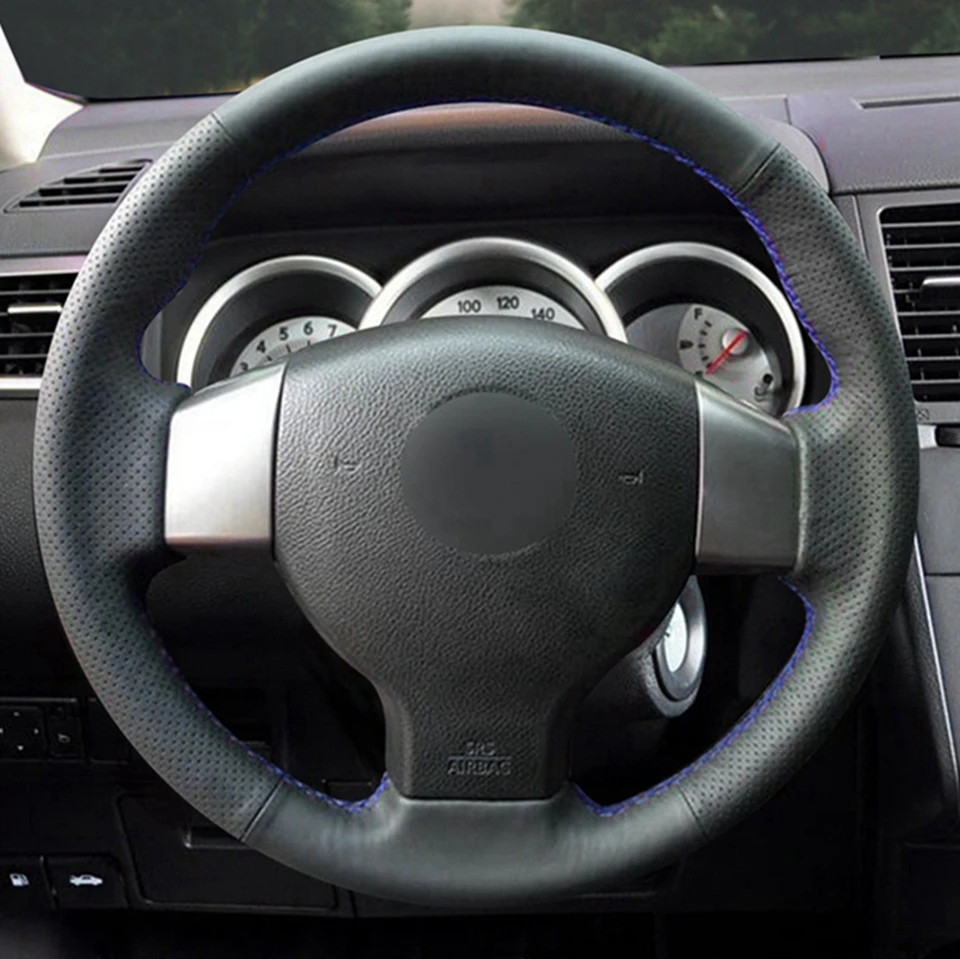 DIY сшитые вручную черные чехлы на руль из искусственной кожи для Nissan Tiida 2004-2010 Sylphy 2006-2011 Versa 2007-2011