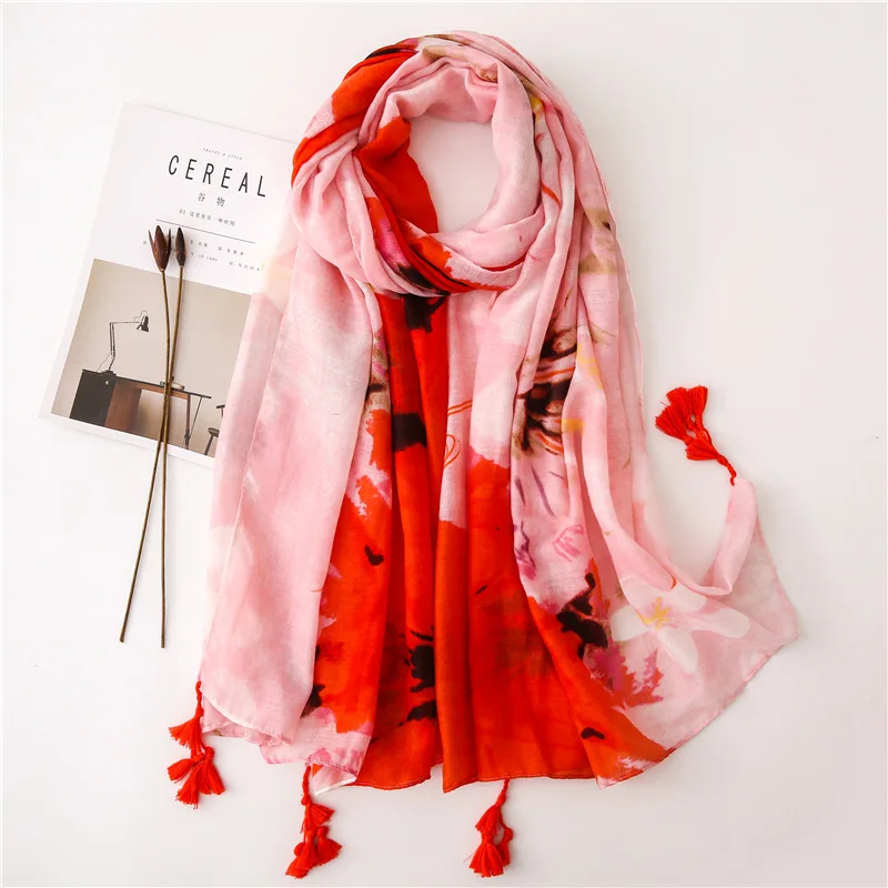 2019 New Cotton Ombre Flower Tassel Scarves Shawl Trendy Long Gradient Ink Floral Print Wrap Hijab Muffler Free Shipping |
