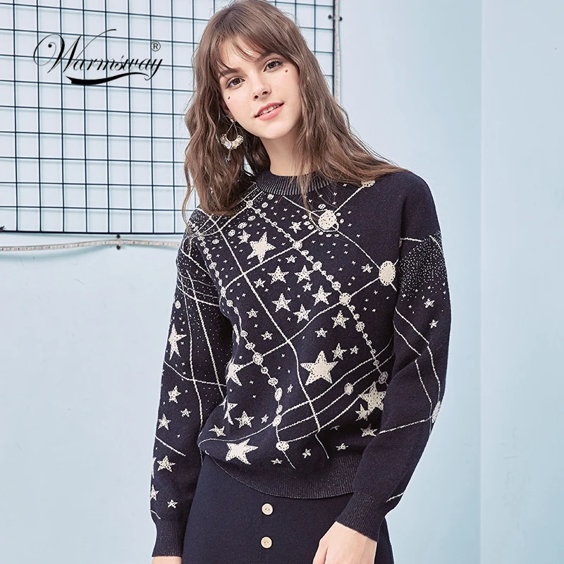 Retro Galaxy Star Pattern Sweater Women Vintage Long Sleeve Jumpers 2021 Autumn Winter Ladies Jacquard Sweaters Pullovers C-285 | Женская