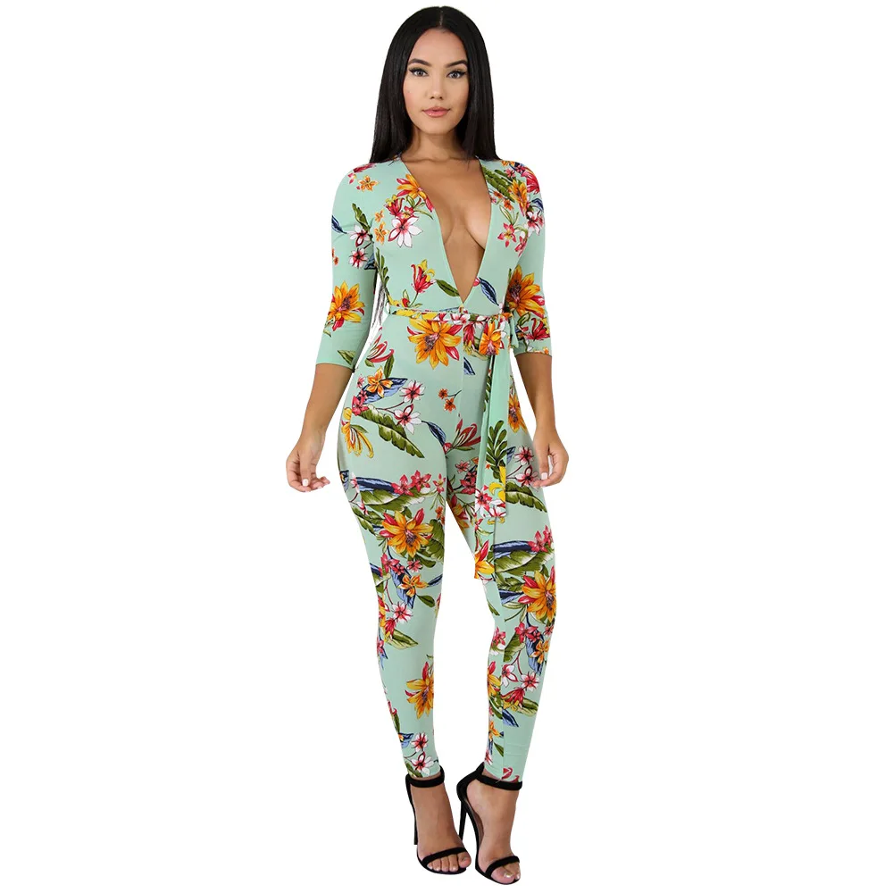 

Fashion Nightclub Clothes with Deep V-neck Cropped Sleeves Printed Tight-fitting Jumpsuit