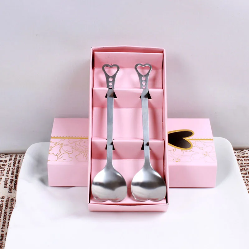 Bestellen 100 Sets Kawaii Twin Liebe Herz Edelstahl Kaffeelöffel Gabel Geschirr Hochzeit Favor Geschenke Geschirr Partei Liefert ZA1301