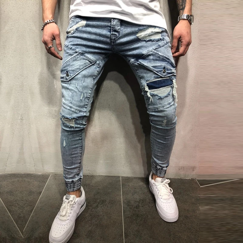 Мужские рваные проблемных хип хоп Уличная Рваные джинсы Slim Fit прямые синие Винтаж