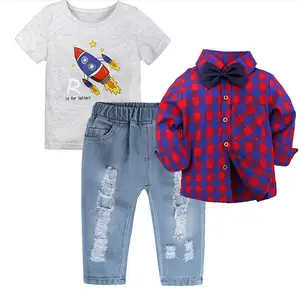 Модная детская одежда на весну и осень комплект одежды из 3 предметов для мальчиков, рубашка в клетку + футболка с короткими рукавами + джинсы, комплект из трех предметов