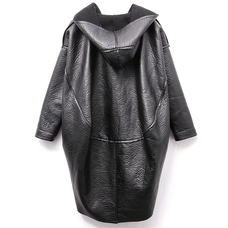 2019 зимние длинные черные женские двубортный Кнопка лоскутное с капюшоном