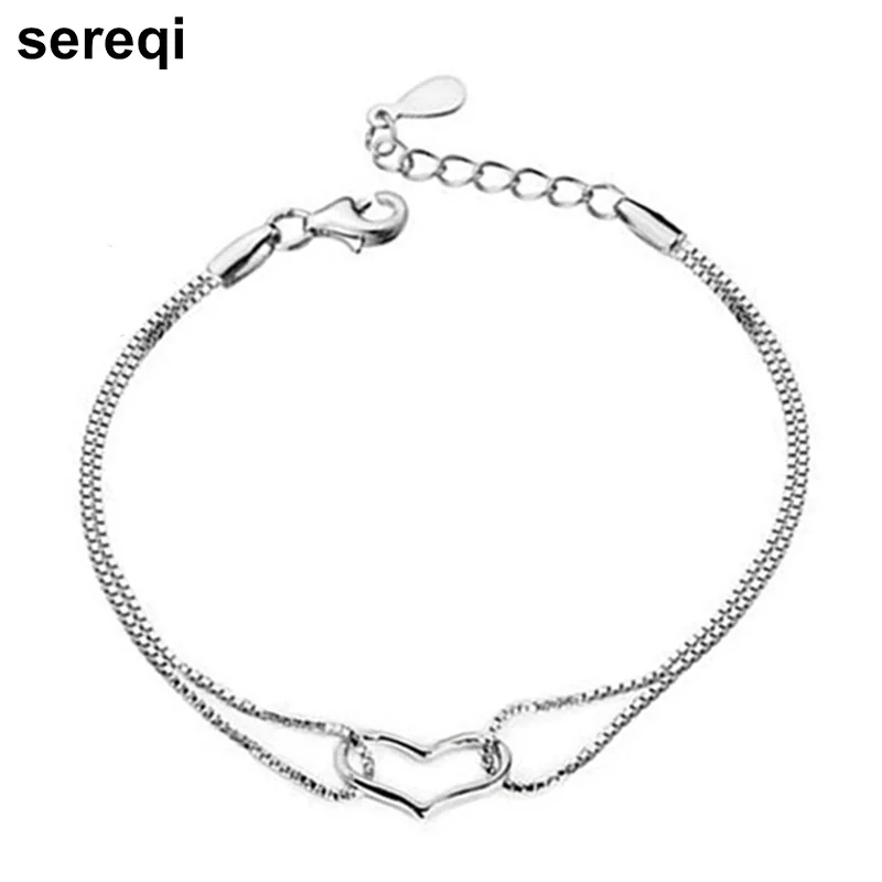 Sereqi Femme Bijoux серебристый цвет двойной Цепи Pulseira feminina теплые сердца Браслеты модные