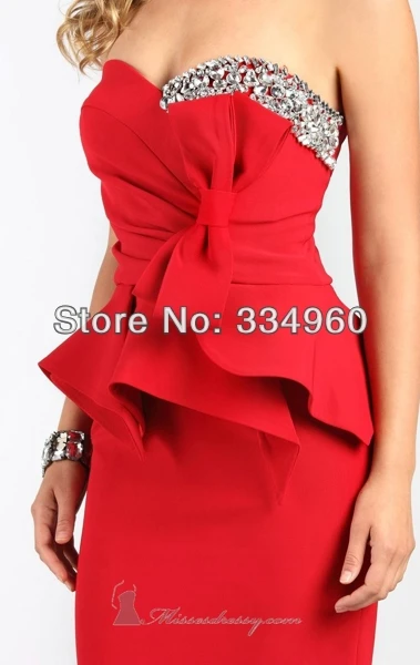 Sexy Sweetheart Neckline Pleat Short Red Rhinestone Peplum Dress Bow Column Cocktail Dresses Party Gowns | Свадьбы и торжества