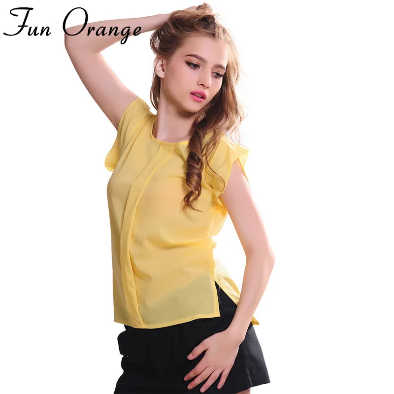 Женская шифоновая блузка Fun оранжевая однотонная без рукавов с круглым вырезом и