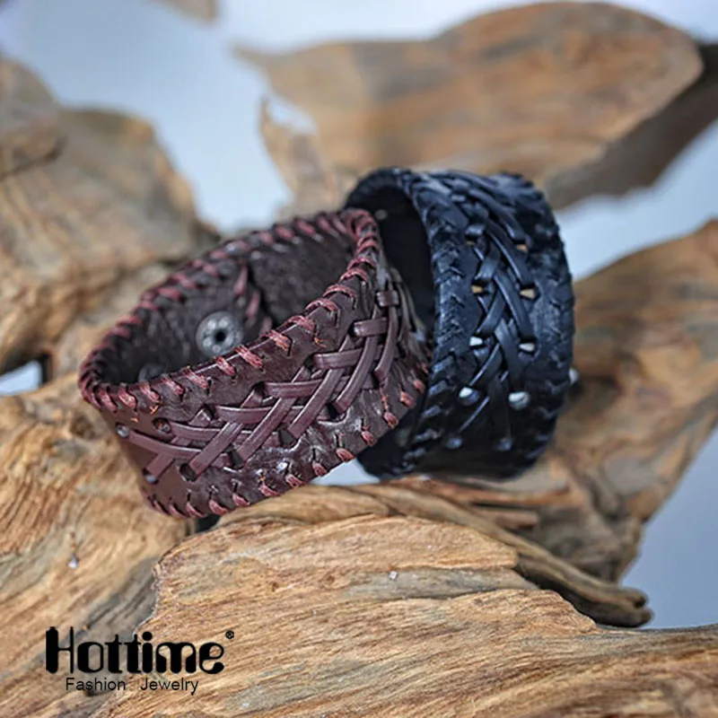 Hotime Плетеный итальянский Пояса из натуральной кожи манжеты двойной широкий и