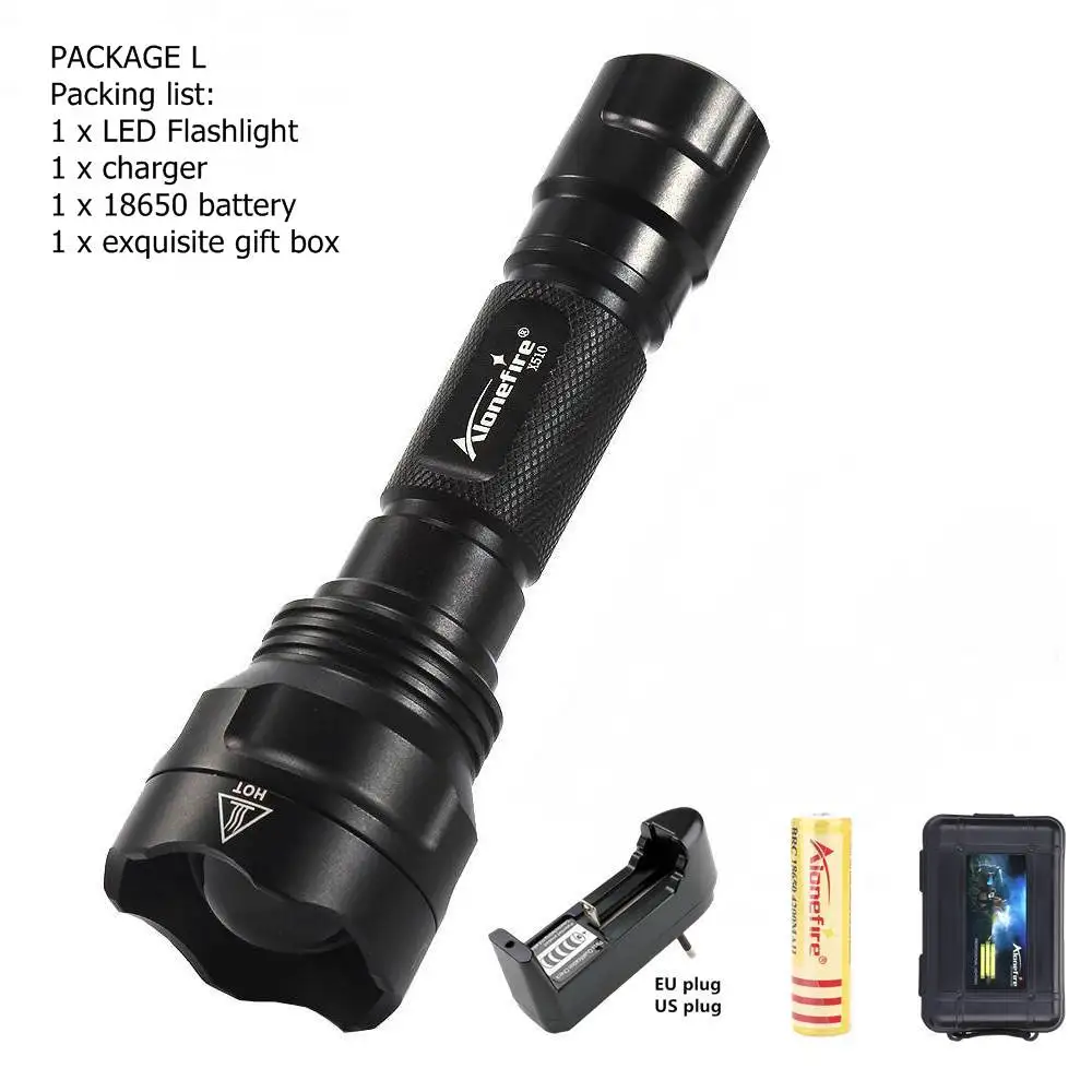 PACKAGE L AloneFire X510 XM-L2 светодиодный светильник-Вспышка Алюминиевый Водонепроницаемый масштабируемый тактический флэш-светильник фонарь выпуклая линза зум-объектив светильник - Испускаемый цвет: PACKAGE L