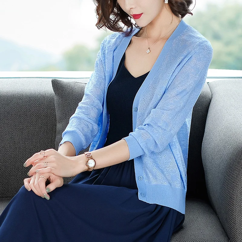 Женский жаккардовый кардиган с V-образным вырезом короткий тонкий вырезами