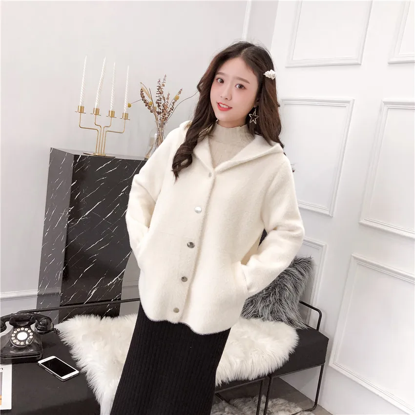 Autumn Winter Mink Cashmere Cardigan Hooded Coat Sweater Women Fashion Button Casual Sweaters Thick Warm Outerwear Female |