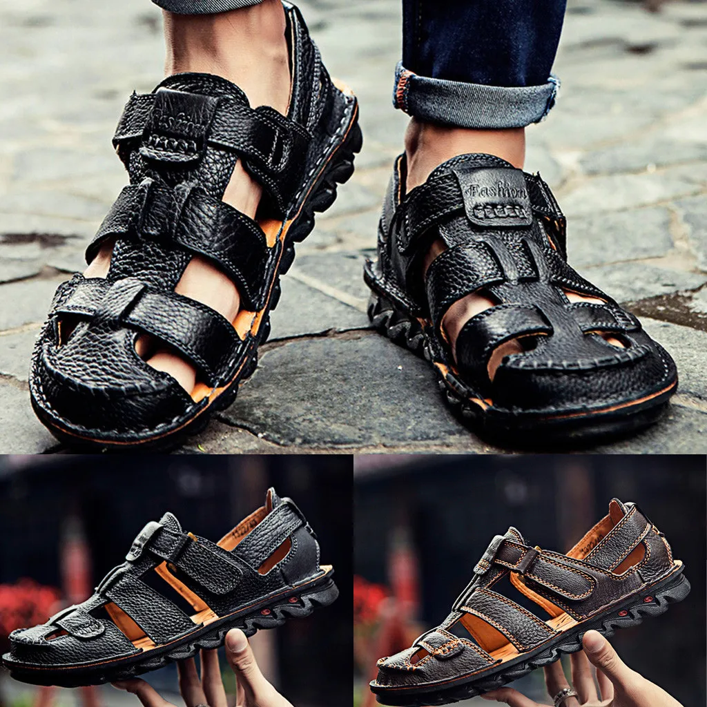 Summer Mens Leather Soft Comfortable Sandals Flats fashion Casual Sneakers Outdoor Beach Walking Non-Slip Bottom #G4 | Обувь