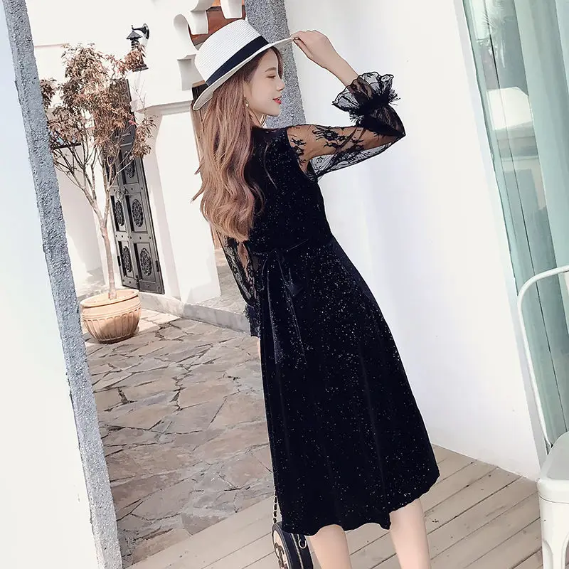 Korea Summer Dress 2019 Women Casual Velvet Patchwork Lace Mesh Flare Sleeve Sexy V-Neck Party Dresses Vestidos | Женская одежда
