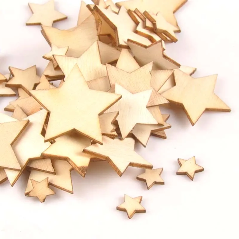 50pcs 10/15/20/25/30mm Mix Stars Wood DIY Carft For Handmade Scrapbooking Accessories Wooden Ornaments Home Decoration m0589