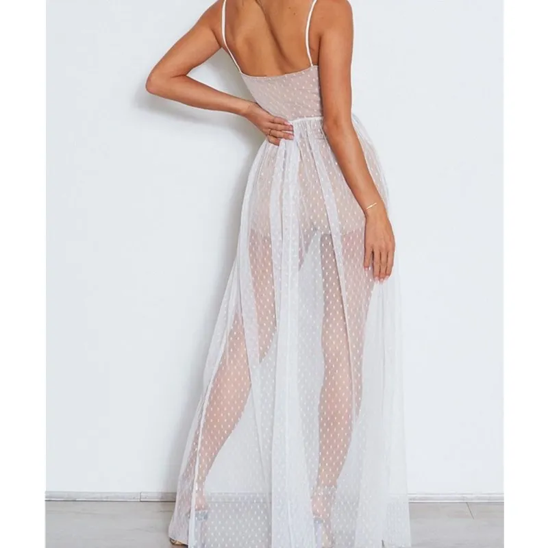 

Sexy Mesh Patchwork Polka Dot Maxi Dress Women's Fashion Spaghetti Strap Summer Beach Party Dresses CasualTransparent Long Dress