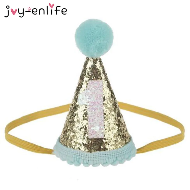 Cute Shiny 1/2/3 Boys Girls Birthday Hats With Hairball Caps Baby Shower Birthday Party Cake Caps Party Photo Props