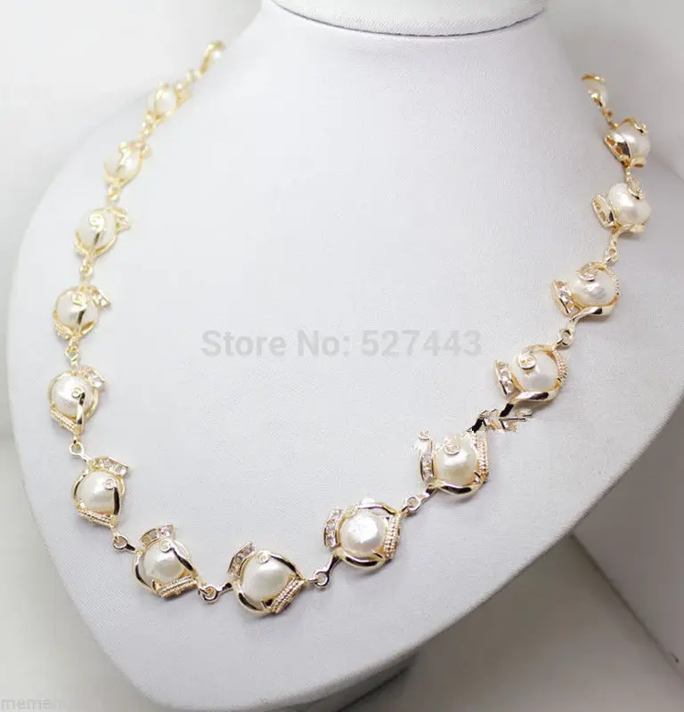 

Prett Lovely Women's Wedding Wholesale free hot sale>>>>>Fashion Jewelry 18 k gp White baroque pearls chains necklace 18"