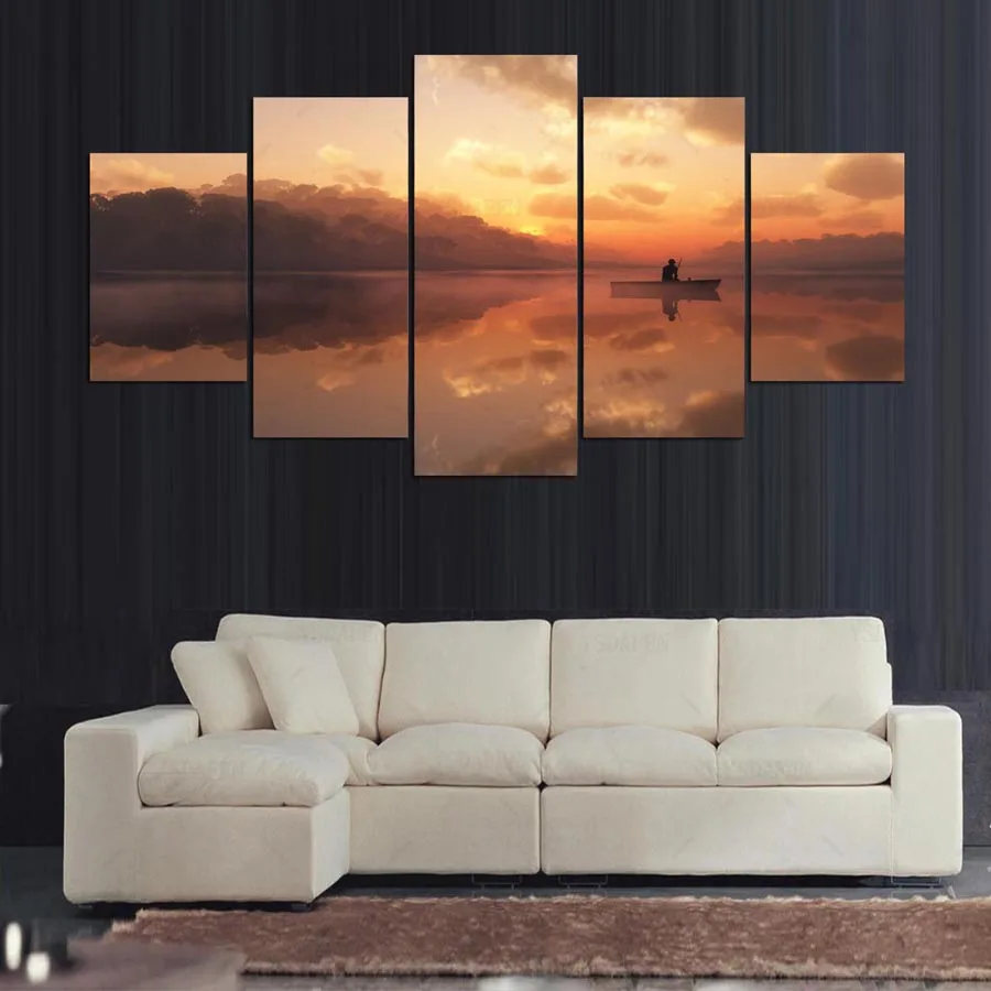Лодка Закат Рыбалка HD картина холст печать настенные художественные модульные