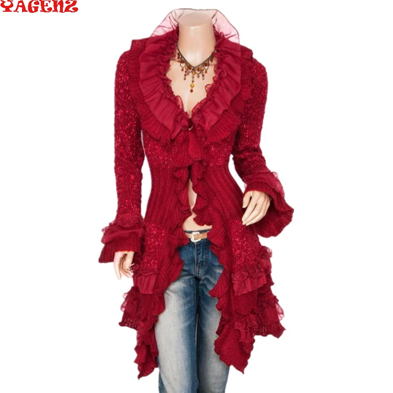 Женский Длинный трикотажный кардиган с воротником стойкой и оборками|fashion