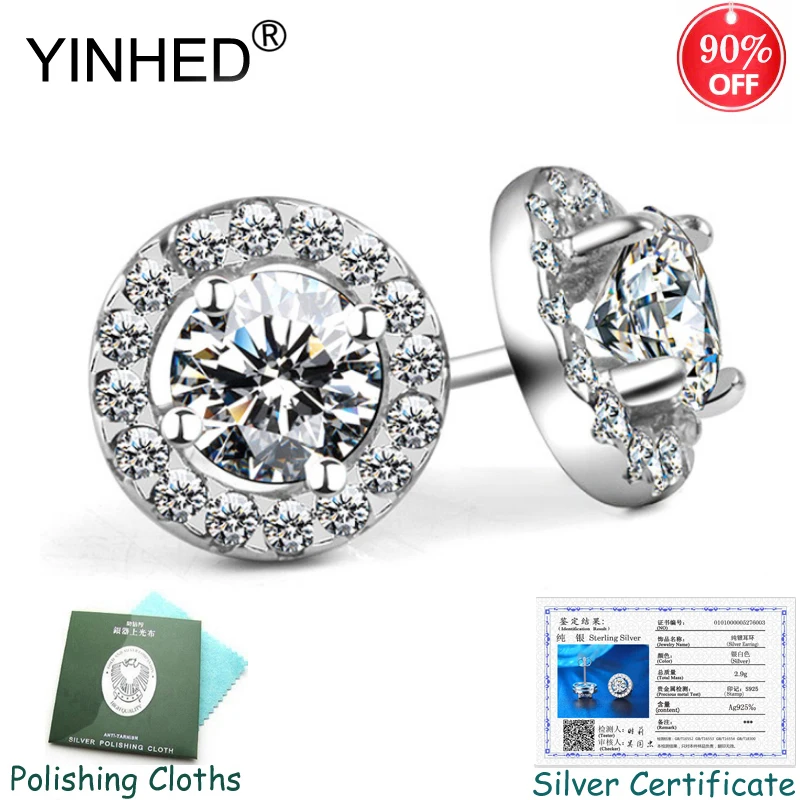 

Send Certificate! YINHED 100% 925 Sterling Silver Stud Earrings For Women 1 Carat Round CZ Diamond Wedding Jewelry Earring ZE081