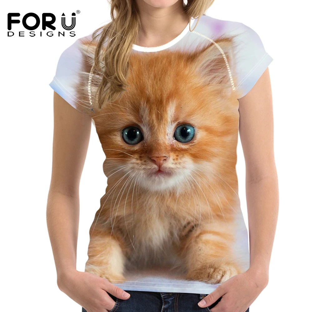 

FORUDESIGNS Women Round Neck Tshirt Cute Cat Print Short Sleeve T-Shirt Cotton Trend 2019 Summer T Shirts Casual Women Tee Tops