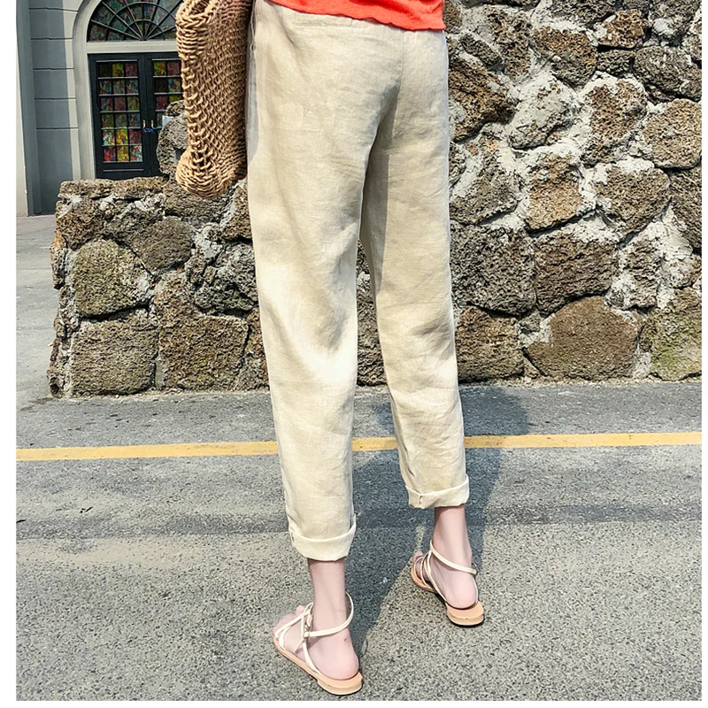 

Summer New Harem Pants Women Fashion High Waist Elegant Slim Nine Pants Womens Casual Thin Button Black Cotton linen Capris a323