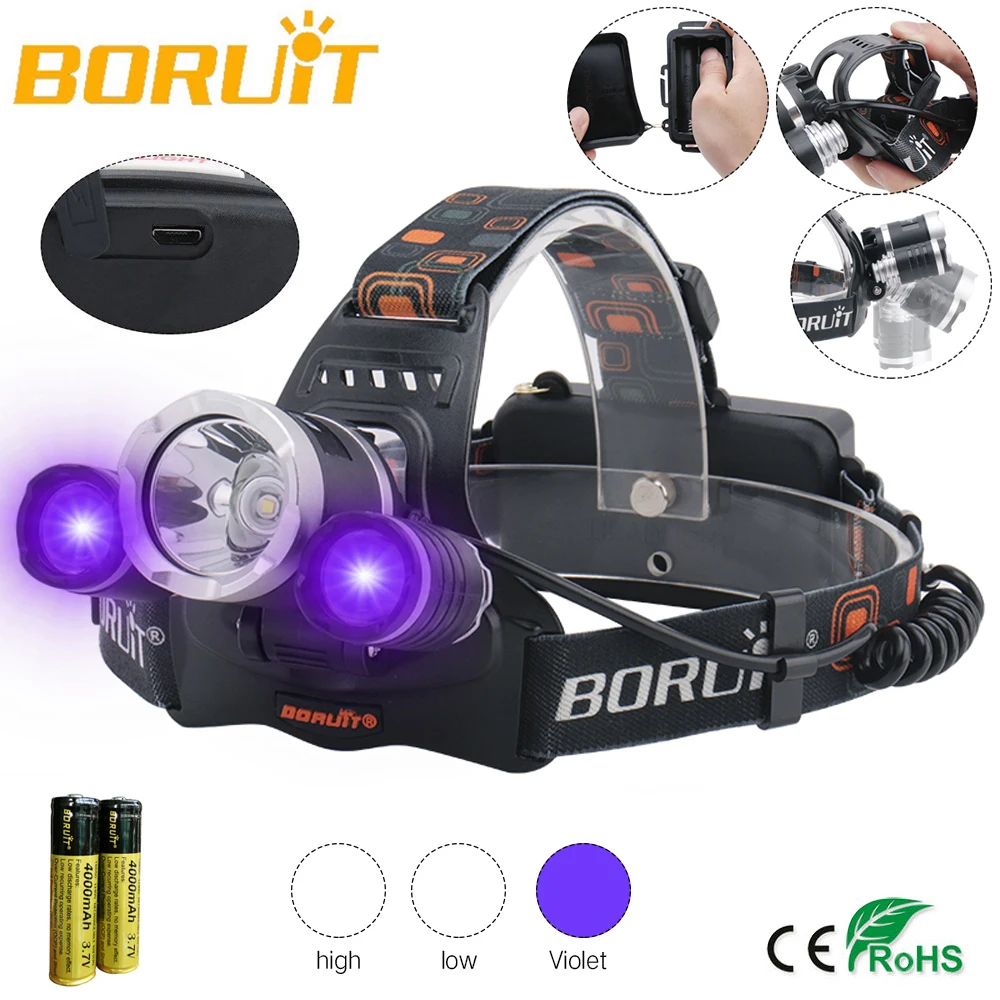 

BORUIT 6000LM 3x XML T6 White+2R2 395nm Purple UV LED Headlamp Head lamp Head Torch Light 2*Rechargeable 18650 batteries Fishing