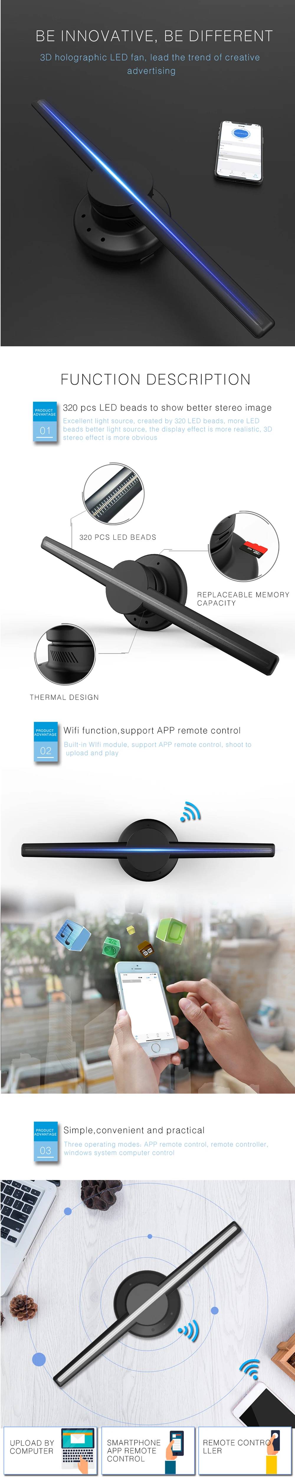 42 см/16,5" Wifi 3D голографический проектор голограмма плеер светодиодный дисплей Вентилятор рекламный светильник Контроль приложения для inddor
