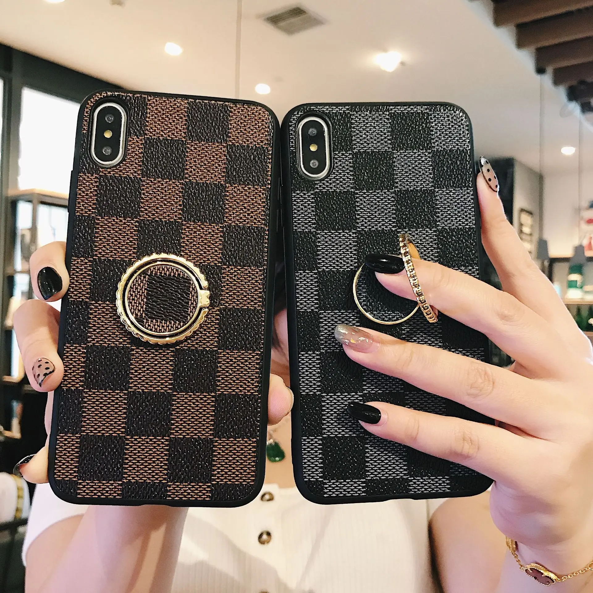 Fashion Leather square lattice ring bracket mobile phone shell for iphone XS MAX 7 8 Plus | Мобильные телефоны и
