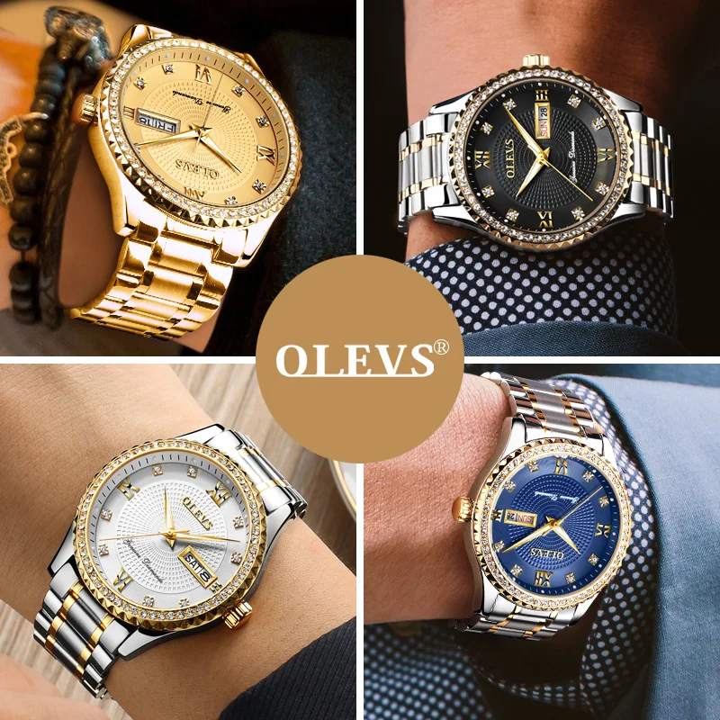 

Genuine OLEVS Mens Gold Watches Luxury Quartz Diamond Watch Auto Calendar Display Men Full Steel Wrist Watch relogio masculino