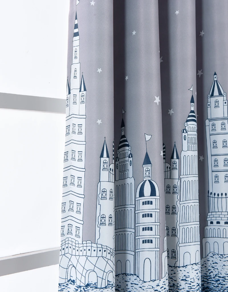 Modern Printed Castle Coffee Color Blackout Curtain For Kids Boys Bedroom Navy Blue Short Curtain Kitchen Window Drapes PC009D3