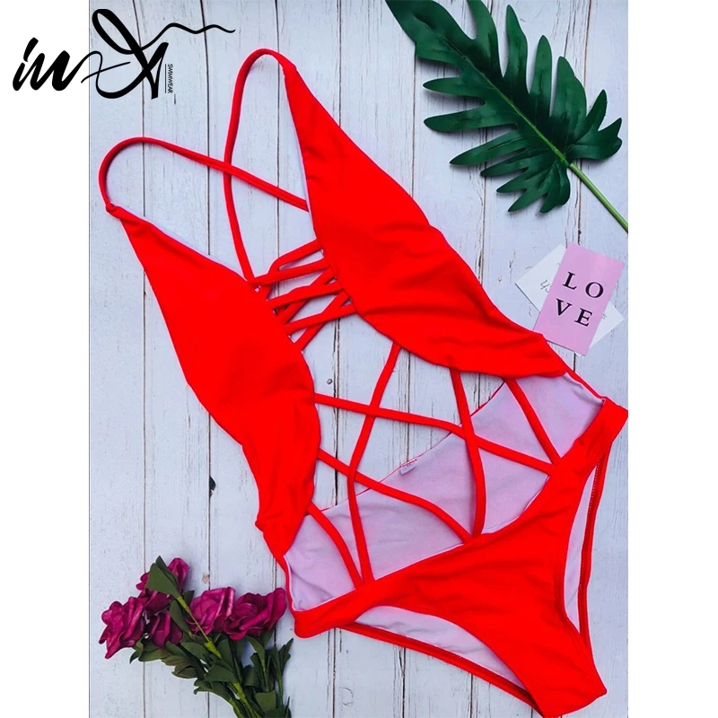 Женский купальник монокини In X черный бандажный с бретелькой через шею