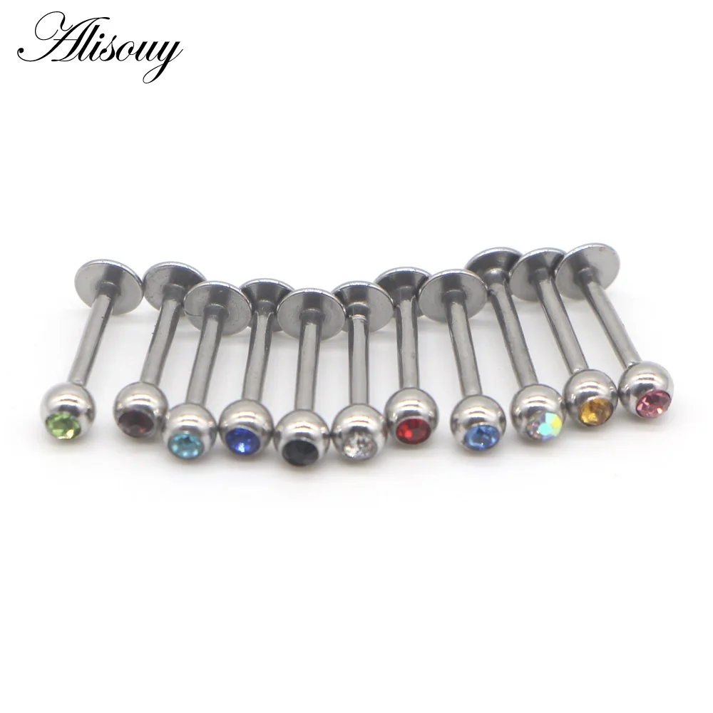 Silver Alisouy 1 PC Surgical Stainless Steel Lip Rings Labret Ear Stud Piercing Bar With Crystal Percing Earring Body Jewelry - Окраска металла: Silver