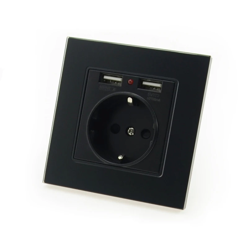 Роскошная стеклянная панель, настенная розетка USB 16А, стандартная электрическая розетка европейского стандарта с двумя usb-разъемами 2100 мА, зарядное устройство для мобильного телефона - Тип: Black Glass Panel