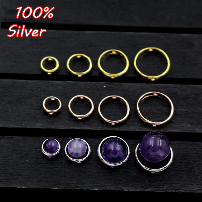 4pcs 100% S925 Sterling Silver Color DIY Bracelet Accessories Round Hollow Ring Charms Placed Beads for Jewelry DIY Making