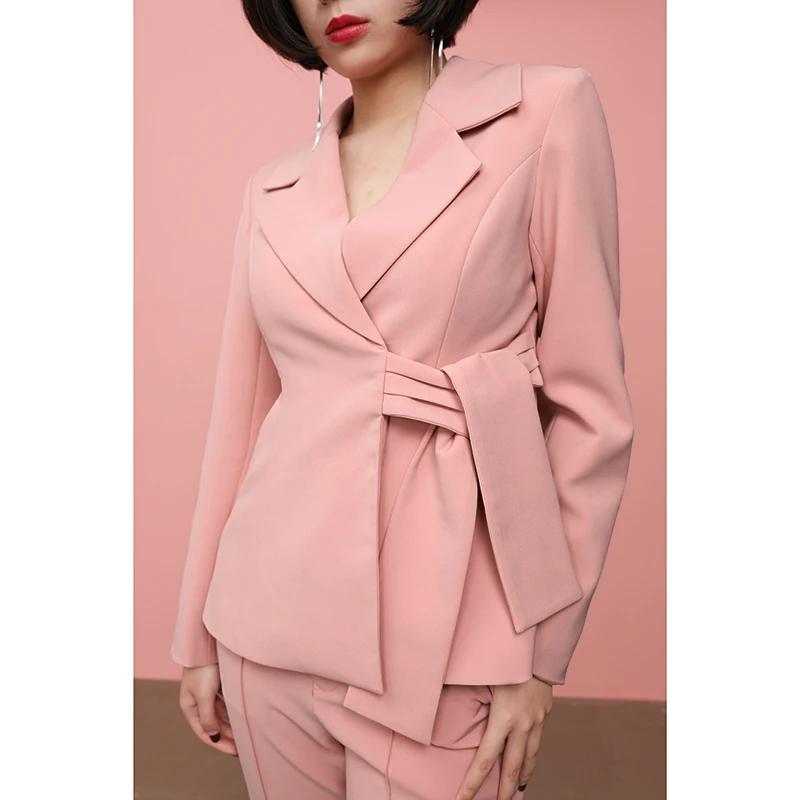 Женский блейзер костюм розовый пиджак бандажная элегантная открытая верхняя
