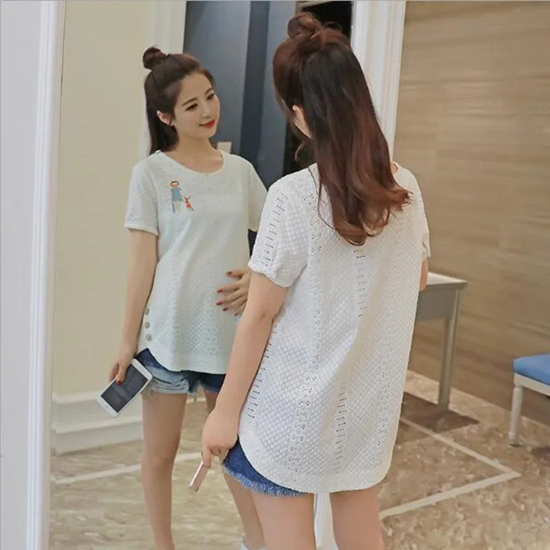 Милые хлопковые кружевные рубашки для беременных 2019 летняя корейская модная
