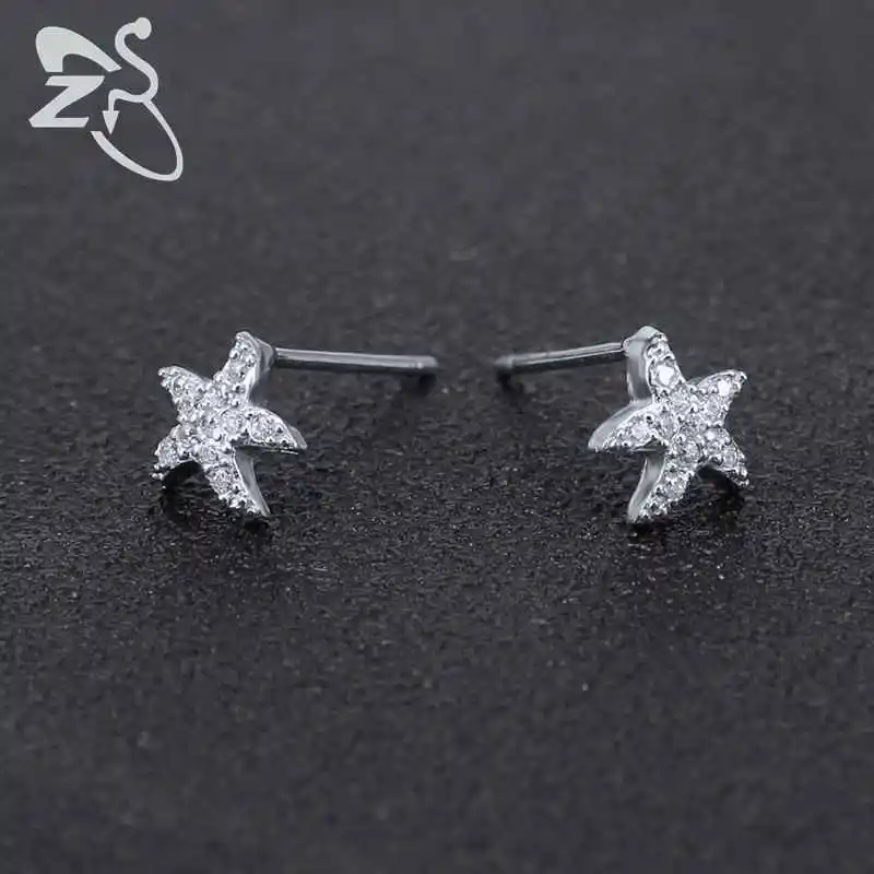 ZS Crystal Stud Earrings Fashion Jewelry Piercing Real 925 Sterling Silver Starfish AAA Cubic Zirconia Small Ear Pin | Украшения и