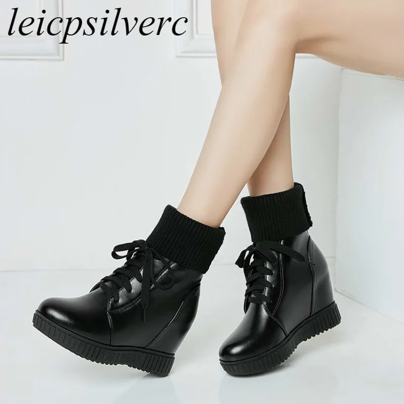 Женские теплые ботинки из искусственной кожи на высоком каблуке платформе со