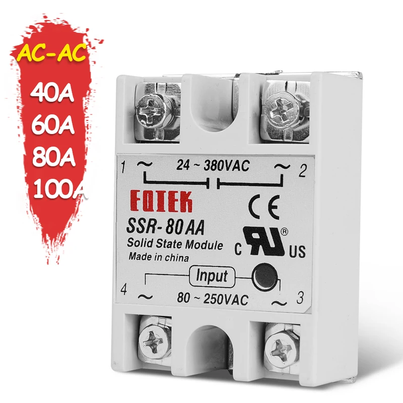 

Single Phase SSR Solid State Module Relay AC-AC 40A 60A 80A 100A Actually Voltage 80-250V 220V AC TO 24-380V AC Load