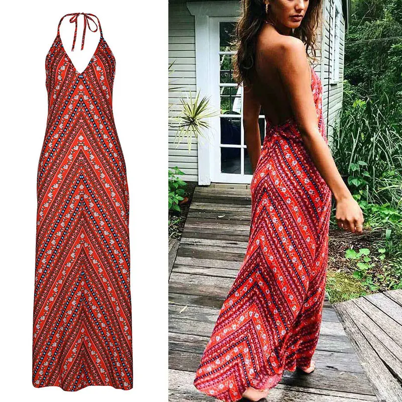 Женское пляжное платье с цветочным принтом Красное Длинное Платье Бохо С V