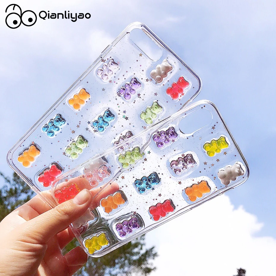 

Qianliyao Cute 3D Candy Colors Bear Phone Case for iphone X XS Max XR 8 7 6 6S plus 11 12 Pro Max Se 2020 Glitter Soft Cover