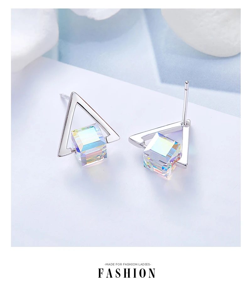 CDE 925 пробы серебряные серьги, украшенные кристаллами Swarovski, разноцветные треугольные геометрические серьги-гвоздики, ювелирные изделия для ушей
